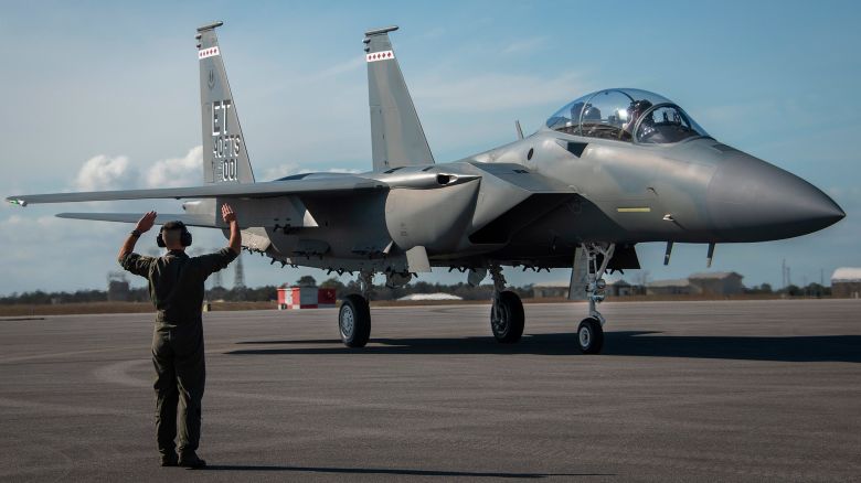 An F-15EX aircraft arrives to Eglin Air Force Base, in Florida on March 11, 2021.