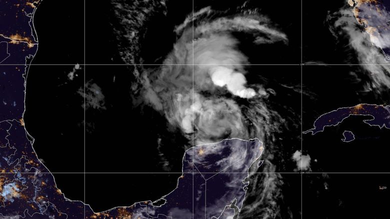 This satellite image taken at 9:40 p.m. EDT on Friday, July 5, 2024 shows Tropical Storm Beryl moving into the Gulf of Mexico.