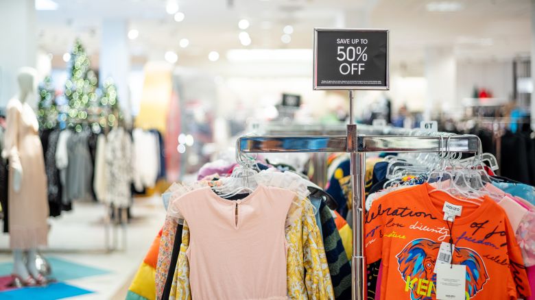 Clothes are displayed for sale in the Neiman Marcus department store at the Galleria Mall on December 13, 2022 in Houston, Texas.