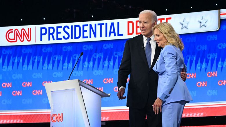 First Lady Jill Biden joins her husband US President Joe Biden on stage at the end of the first presidential debate of the 2024 elections with former US President and Republican presidential candidate Donald Trump at CNN's studios in Atlanta, Georgia, on June 27, 2024. (Photo by ANDREW CABALLERO-REYNOLDS / AFP) (Photo by ANDREW CABALLERO-REYNOLDS/AFP via Getty Images)