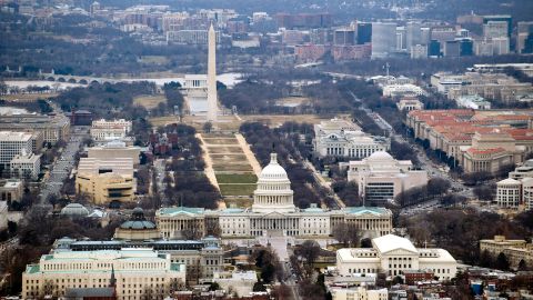 The skyline of Washington, DC, including the US Capitol building, Washington Monument, Lincoln Memorial and National Mall, is seen from the air, January 29, 2010.  AFP PHOTO / Saul LOEB (Photo credit should read SAUL LOEB/AFP via Getty Images)